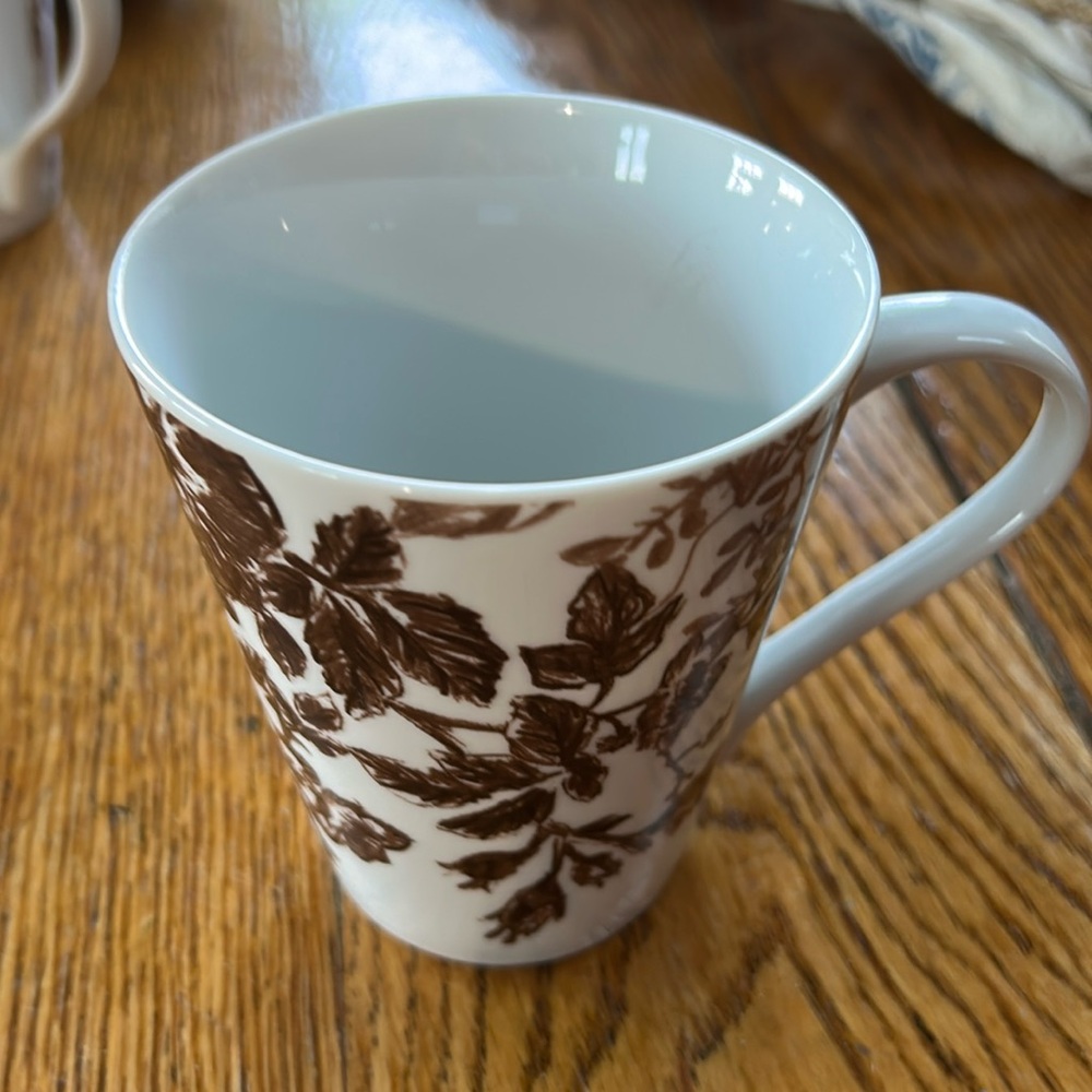 Paula Deen mug in Tatnall Street pattern. White with brown floral design.